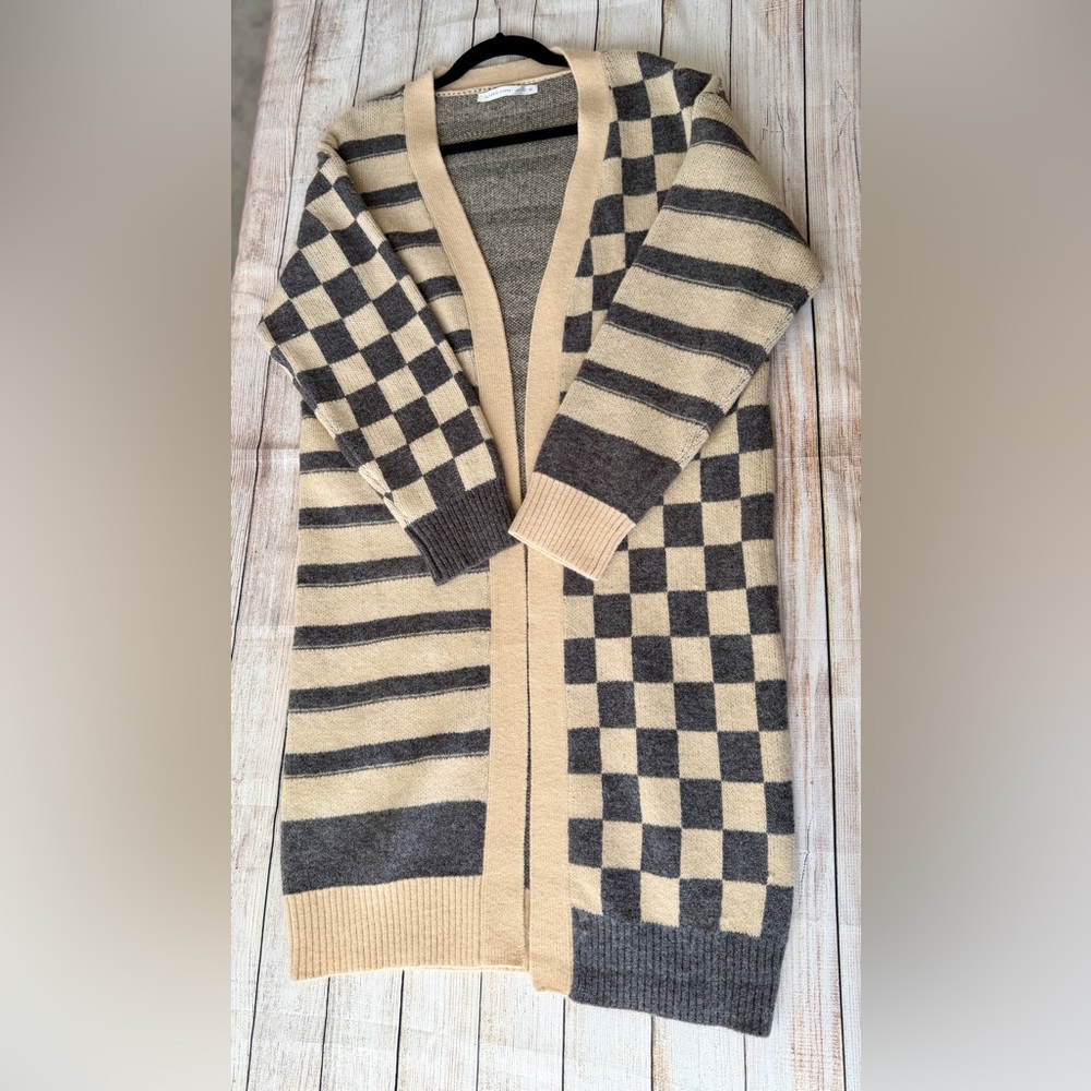 Altar’d State M Checkerboard Striped Longline Duster Cardigan Sweater NWT - Picture 8 of 13